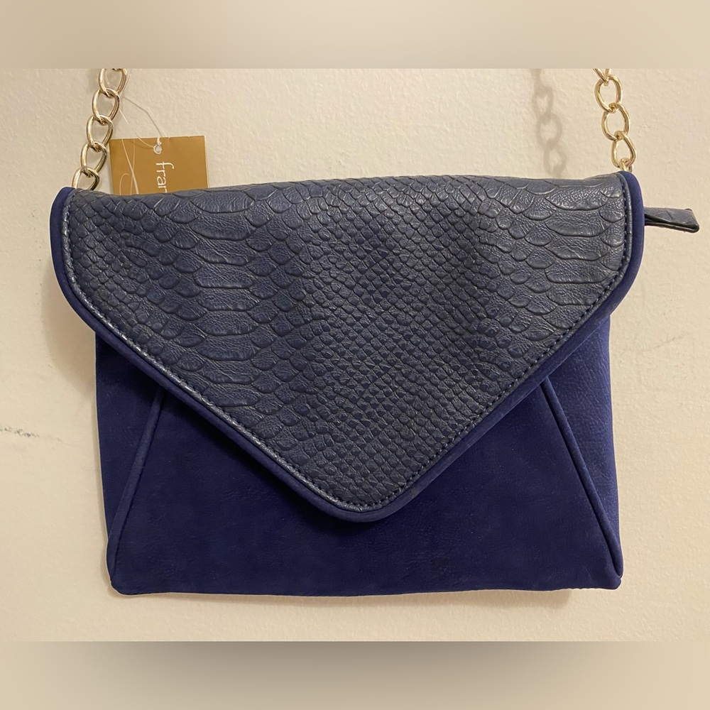 NWT Francesca’s navy blue snakeskin cross body clutch